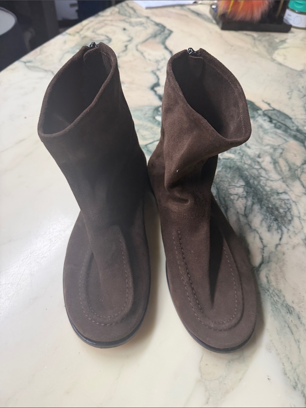 Women's Brown Suede Ankle Booties with Sleek Stitched Upper